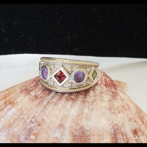 Sterling Silver/14K Ring with Garnet, Amethyst, and Peridot 6.75 Vintage - Picture 4 of 16